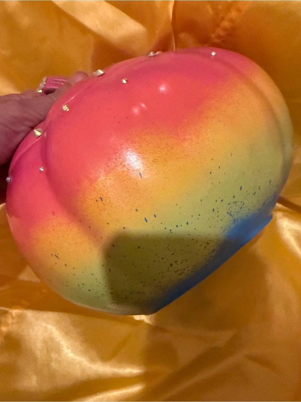 Hand painted Rainbow Ceramic Pumpkin Accent Jar with Rhinestone accents